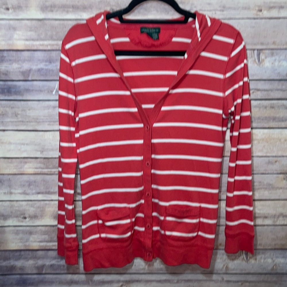 ⭐️ Lauren Ralph Lauren Cotton Hooded Cardigan Sweatshirt Coral White Size Small